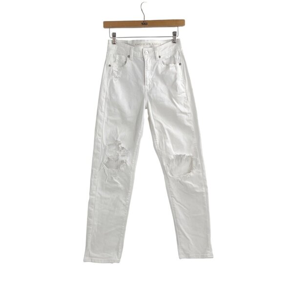 American Eagle Womens Size 2 Mom Straight Jeans Stretch Distressed White Casual - Picture 1 of 11